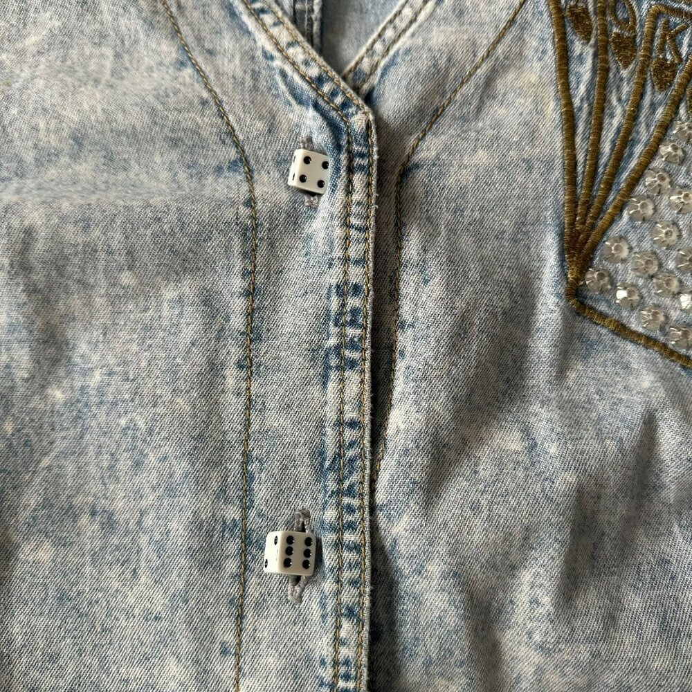 Vintage Denim Button Front Top With Playing Card Embroidery & Dice Button Detail - Picture 12 of 13